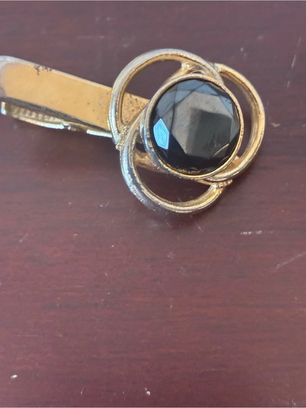 Vintage Emmons Gold Tone Tie Clip with Black Faceted Stone Mid Century